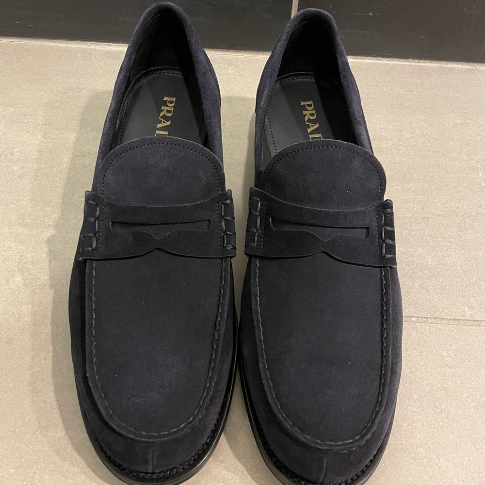 Authentic Brand New PRADA penny loafer shoes, blue suede, size 11